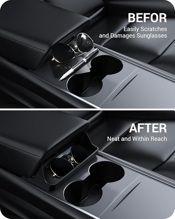 BASENOR Upgraded Tesla Model Y Model 3 Center Console Sunglasses Holder, Armrest Box Eyeglasses Storage Box Key Card Holder for 2021-2024 Model 3/Y Interior Accessories