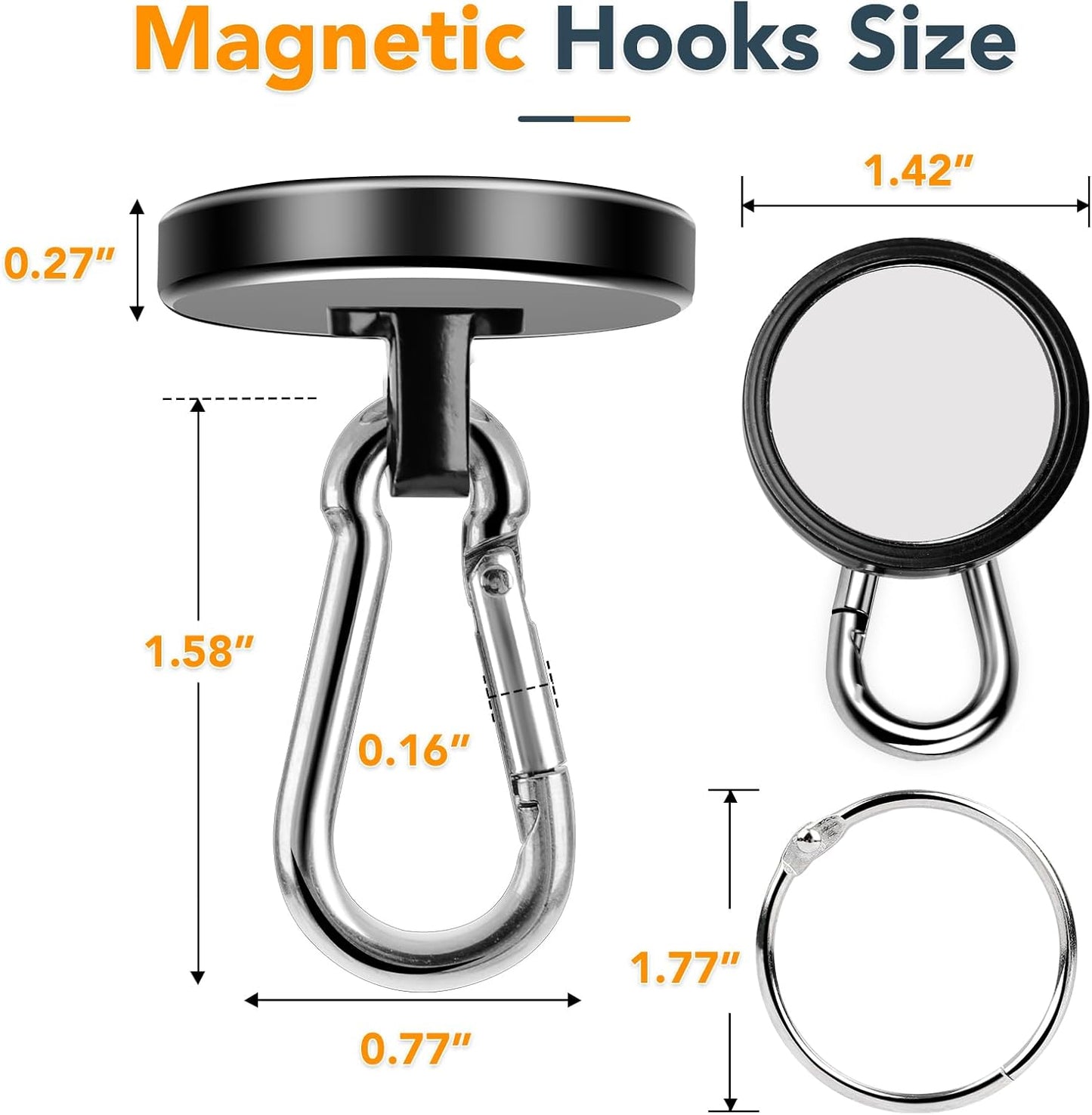 MIKEDE Magnetic Hooks Heavy Duty, 150LB Strong Swivel Neodymium Magnets with Magnetic Carabiner Hooks, Black Powerful Magnet Hooks for Hanging, Cruise Ship, Curtain, Home, Workplace - 6 Pack