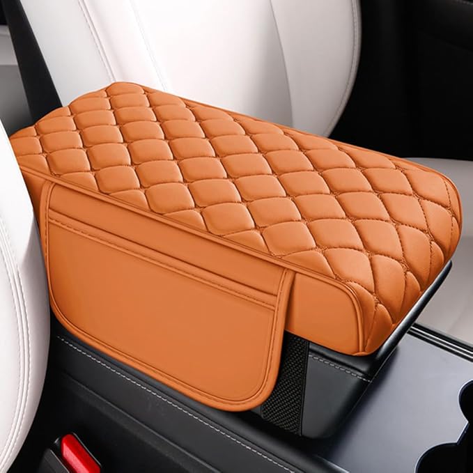 Universal Memory Cotton Car Armrest Box Pad, 2026 New Leather Car Armrest Box Pad with 2 Storage Bags, Auto Armrest Seat Box Cover, Center Console Cover Cushion for SUV, Car, Truck (Orange)