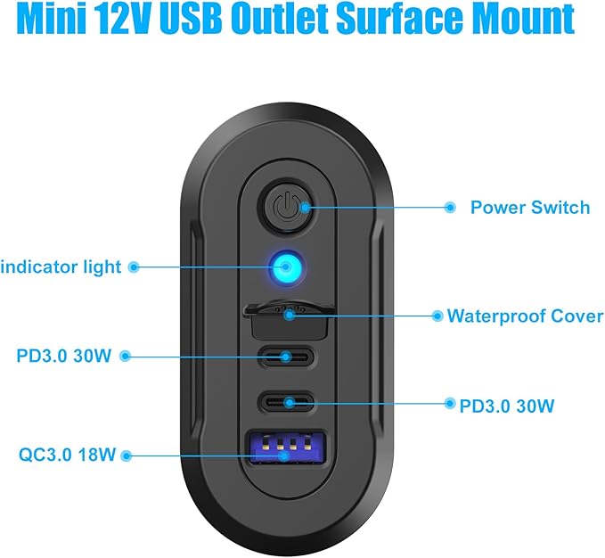 12V USB Outlet RV 3 Ports, Dual PD 30W and Quick Charge QC3.0 Car Socket Charger with Blue Indicator Light and Switch, Car USB Panel Wall Surface Mount Charging Accessories for Marine Bus Boat ATV