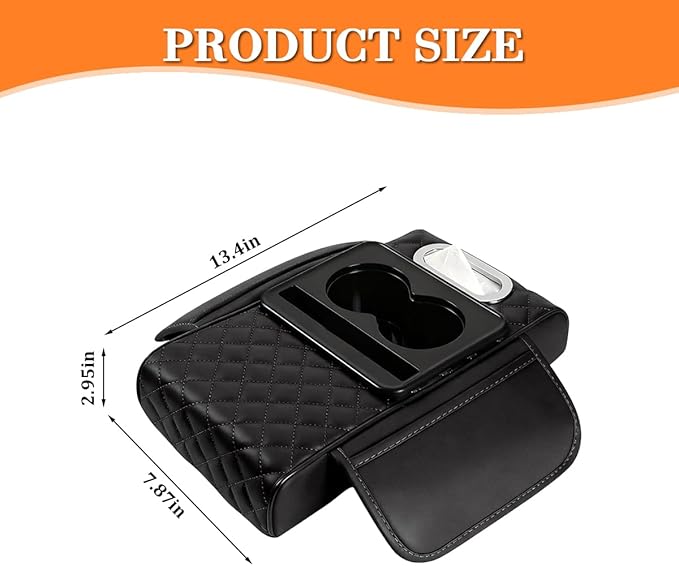 Car Armrest Cushion, 5-in-1 Nappa Leather Vehicle Centre Console Cover with 2 Storage Pockets, Cup Phone & Phone Holder, Multifunctional Auto Organiser Accessories, Universal Fit (Black)