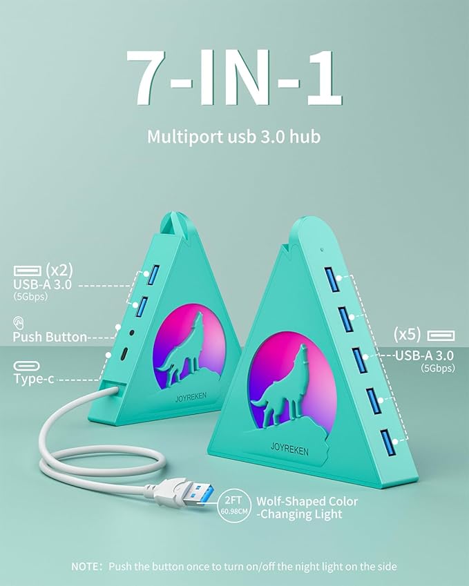 Green 7-Port USB 3.0 Hub,Vertical USB Hub Tower with RGB Lighting & 5Gbps Data Speed, 2FT Cable - Gaming USB Hub Splitter for PC, Desktop, Laptop, PS5, Xbox, Flash Drives