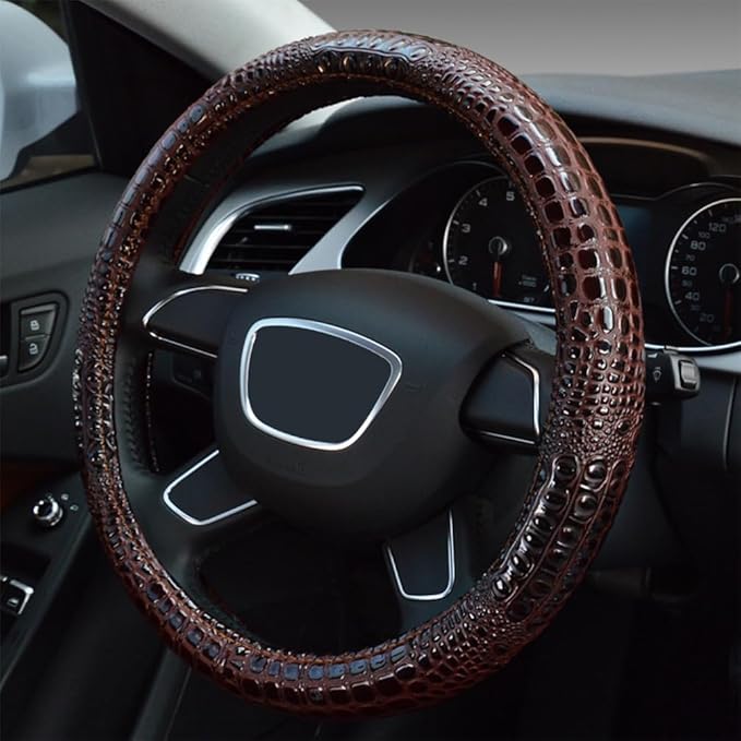 Crocodile Grain Leather Four Seasons Universal Car Steering Wheel Cover Sport Cute Handle Case for Men Auto Interior Accessories, Brown