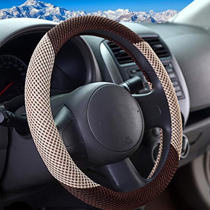 ZHOL Steering Wheel Cover Universal 15 inch Microfiber Breathable Ice Silk Steering Wheel Covers Anti-Slip Car Interior Accessories for Women Men, Warm in Winter and Cool in Summer, Beige&Brown
