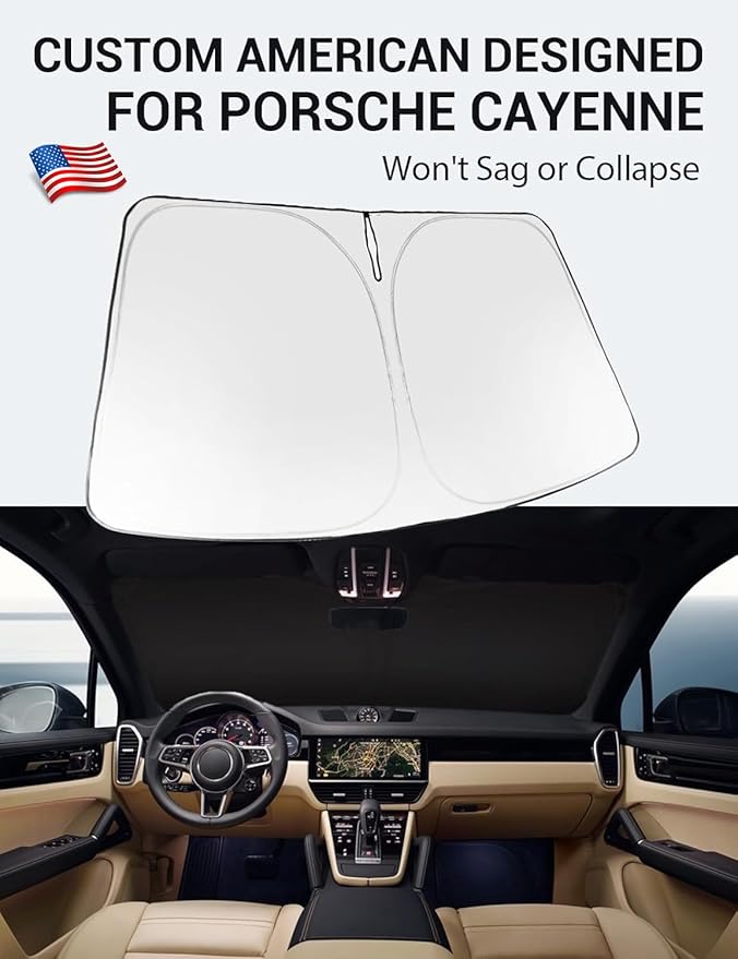 Proadsy 2026 Upgrade Windshield Sun Shade Custom Fit 2019–2025 2026 Porsche Cayenne Foldable Front Sunshade Protector Sun Visor Blocks UV Rays Keep Car Cooler