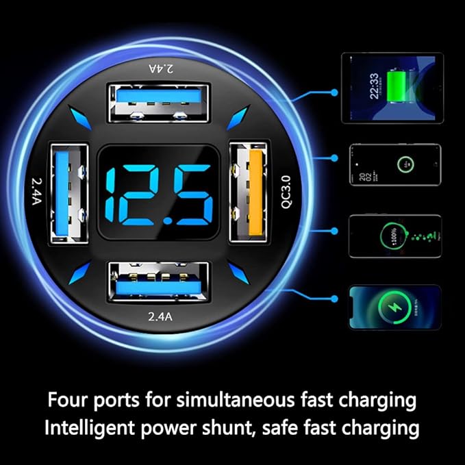 Aokdom 4-in-1 Car Charger 66W Super Fast Charging with USB 2.4A&QC 3.0(Voltmeter&LED Lights) Universal Quick Charge for 12-24V Car Cigarette Lighter Plug(Black-QC/2.4A)