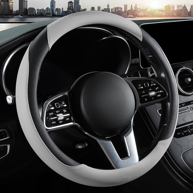 Car Steering Wheel Cover, Microfiber Leather Steering Wheel Cover Universal Fit 14.5-15 inch Anti-Slip Comfortable Breathable Car Wheel Protector for Men Women,Grey