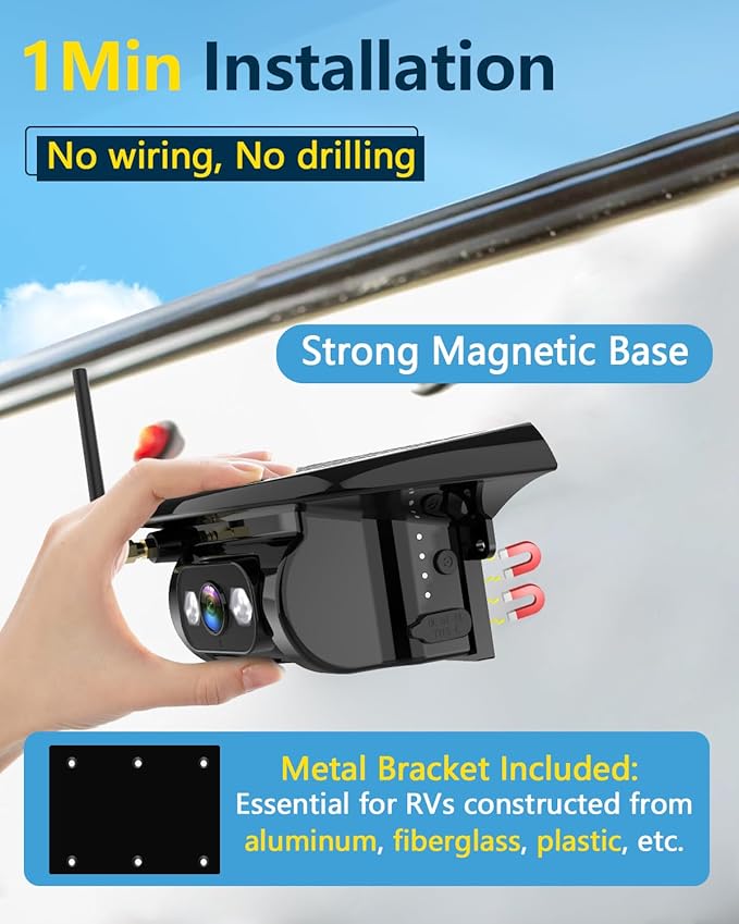 Solar Wireless Backup Camera for Trailer: 24H Long-Lasting, Strong Signal, HD 1080P 2 RV Camera System with 7" Recording Monitor - Magnetic Easy Setup for Camper