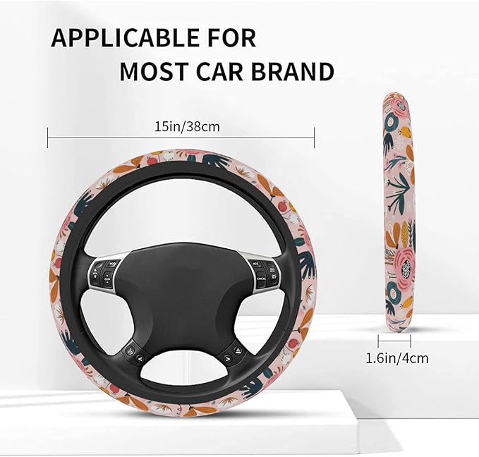 Car Steering Wheel Cover for Women Men, Non-Slip Pink Floral Steering Wheel Protector, Universal 14"-15" Fit for Cars, SUVs, Trucks (Pink Floral)