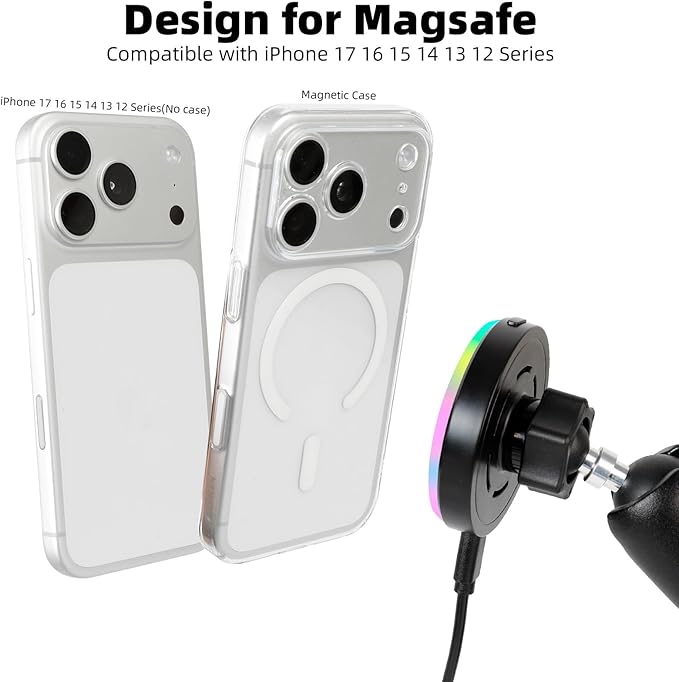 Magnetic Wireless Charging Phone Holder Base for RAM Mounts, 1" (25mm) Ball Mount with Short Aluminum Arm, Compatible with Magsafe iPhone 17/16/15/14/13/12 Series
