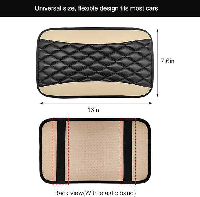 Car Center Console Cushion Pad, 12.6 × 7.48 Inches Waterproof Car Armrest Seat Box Cover, PU Leather Armrest Cover Protector for Most Vehicle, Universal Car Interior Accessories (Black+Beige)