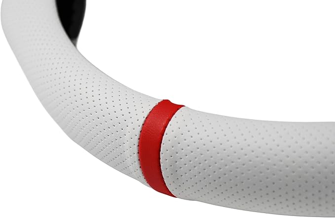 Quick Install Sporty White Perforated Nappa Leather Steering Wheel Cover with Red Top Stripe for Car SUV Pickup White Trim