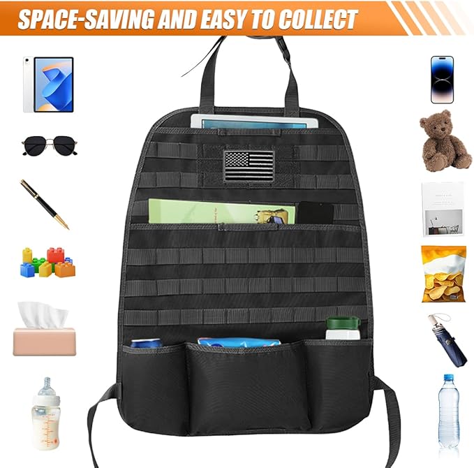 Tactical Molle Car Seat Back Organizer, Vehicle Panel Car Seat Back Cover Protector with 5 Storage Pouch, Universal Backseat Storage Organizer with USA Flag Patch for Car SUV Truck MPV (Black-1 Pc)