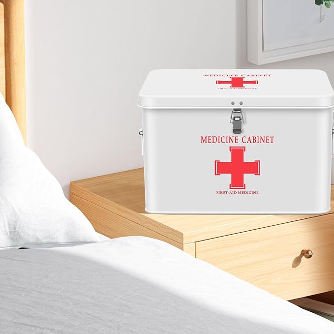 Flexzion First Aid Box Organizer Empty with Lock - 13" White Vintage First Aid Kit Tin Metal Medical Box - First Aid Storage Bin Container with Dividers, Removable Tray and Red Cross Logo