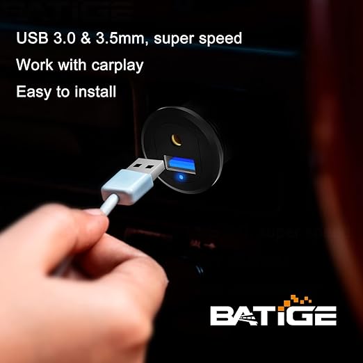 BATIGE Alloy USB 3.0 AUX DC3.5mm Port Car Mount Flush Cable for Car Boat Motorcycle Dash Panel with LED Indicator - 3ft