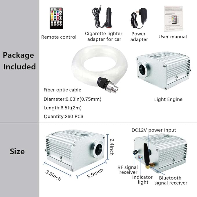 FIREWORK Starlight Headliner Kit, Fiber Optic Lights 10W RGBW Twinkle+Music Sync Effect+APP+Remote, 260pcs 6.5ft/2m 0.03in/0.75mm Fiber Cable for Star Lights for Car/EV & Home Theater Ceiling
