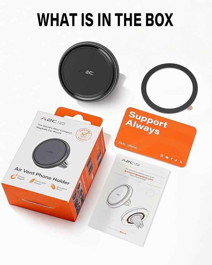 A2C Slim Magnetic Phone Holder for Car, Rental Car Essentials for Travel, No Assembly, Compact, One-Hand Operation, Easy Removal, Reusable, Upgraded Air Vent Phone Mount Compatible with MagSafe iPhone