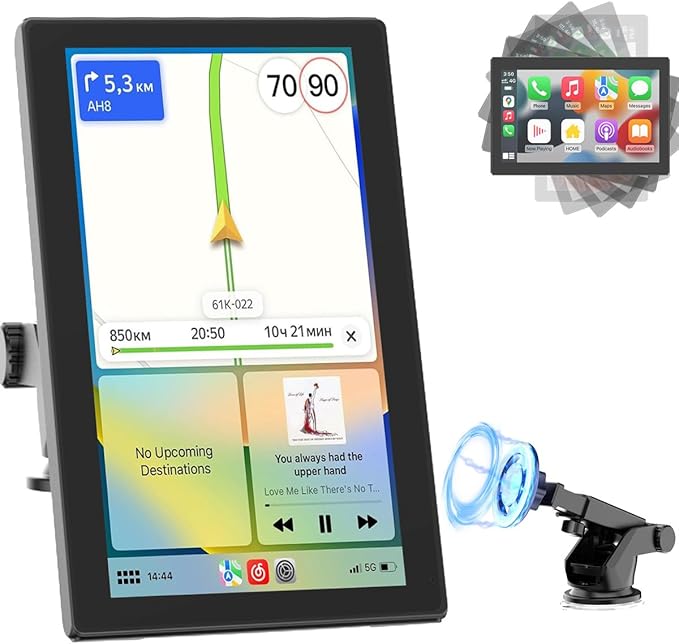 CarPlay Screen with Android Auto, CL798 7'' Portable Touchscreen with Portrait & Landscape Modes, Magnetic Bracket, GPS Navigation, Mirror Link, Bluetooth, Voice Control, OTA Update