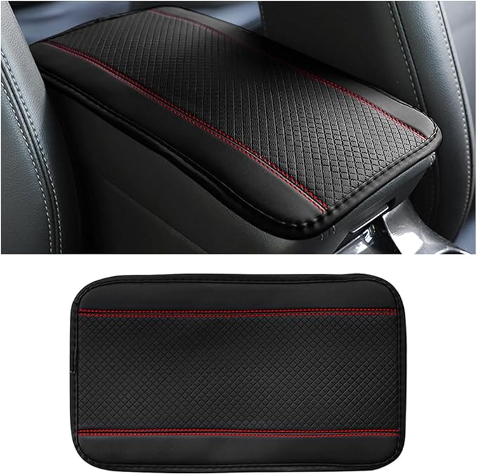 Car Armrest Seat Box Cover, Comfortable Leather Automotive Center Console Cushion Pad, Soft Waterproof Vehicle Arm Rest Protector Mat Accessories, Universal for RV, SUV, Truck (Black/Red)