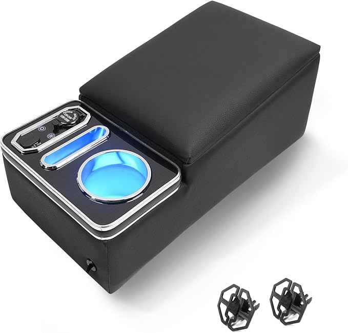 Center Console Organizer for Small SUV, Sedan, Truck, Rear Bench Seat Armrest Organizer with 7-Color Adjustable LED Lighting, Upgraded Automotive Center Storage Box with Fast Phone Charging