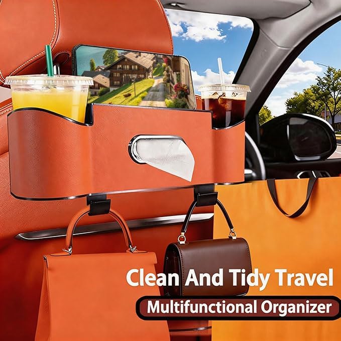 Backseat Car Organizer,4 in 1 Multifunctional Car Back Seat Storage Box with Drink Cup Holder Tissue Box, for Hold Phone,Snacks, Drinks, Handbag (Orange)