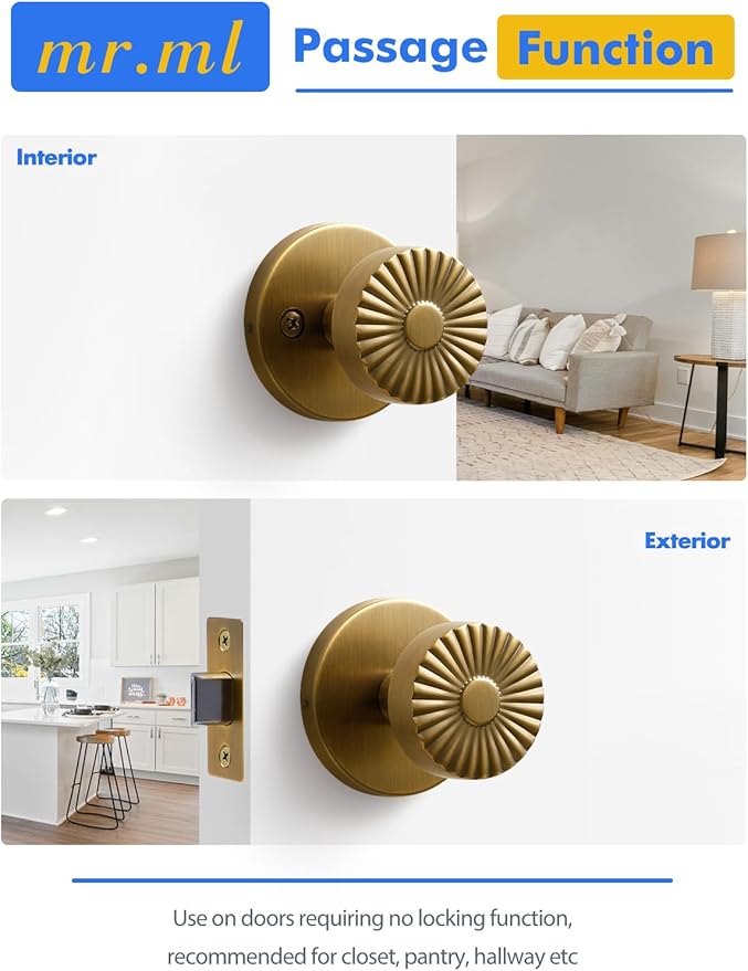 Passage Door Knob Antique Brass Retro Door Knob, Interior Hall Closet Vintage Door Handle Kitchen Pantry Laundry Room Brushed Doorknob, Stainless Steel Knob, 1 Pack