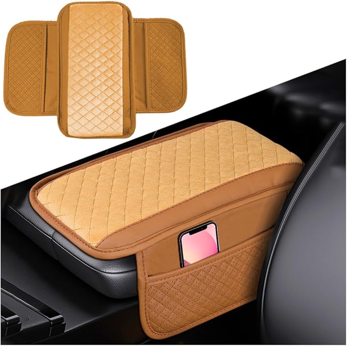 Car Center Console Cover, Leather Vehicle Armrest Cushion Pad with 2 Storage Bags, Auto Interior Middle Console Storage Box Protector Accessories, Universal for SUV, Sedan, Truck (Brown)