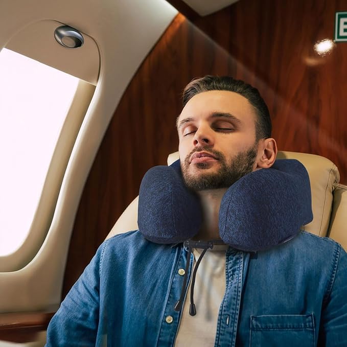 napfun Neck Pillow for Traveling, Upgraded Travel Neck Pillow for Airplane 100% Pure Memory Foam Travel Pillow for Flight Headrest Sleep, Portable Plane Accessories, Blue