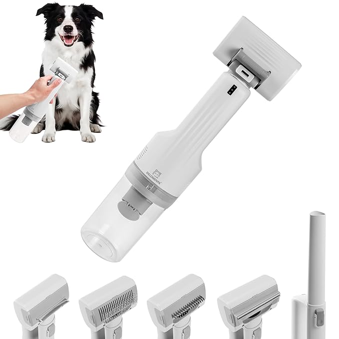 Deshedding Brush with Vacuum Suction, 5-in-1 Pet Hair Removal Tool for Dogs Cats, Cordless Undercoat Rake Removes Loose Hair, 9Kpa Pet Vacuum Cleaner for Furniture Carpet, Washable