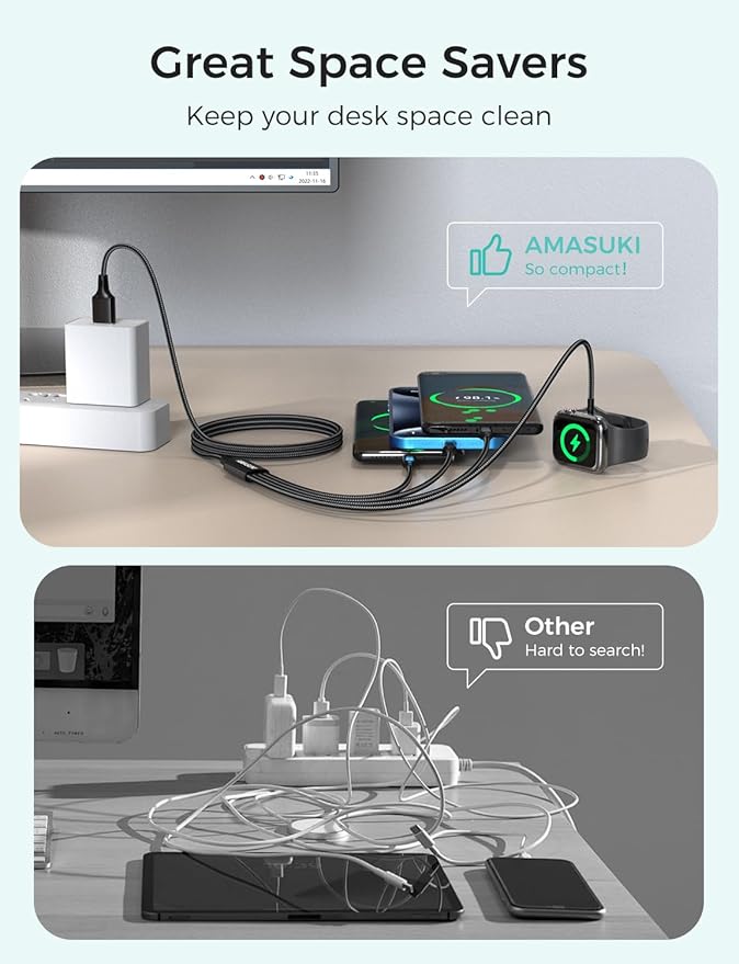 Amasuki Travel Essentials,4 in 1 for Apple Watch Charger/iPhone Charger/Multi Charging Cable,Vacation RV Camping Essentials,USB C/L/Micro Portable Charger for iWatch 11-1/iPhone 17-12,Car&Gift-Black