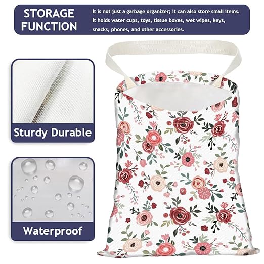 Rose Floral Print Car Trash Bag Hanging Garbage Bag with Snap Buttons Car-Back Seat Trash Storage Portable Dustbin for Car Interior Accessories Travel Camping