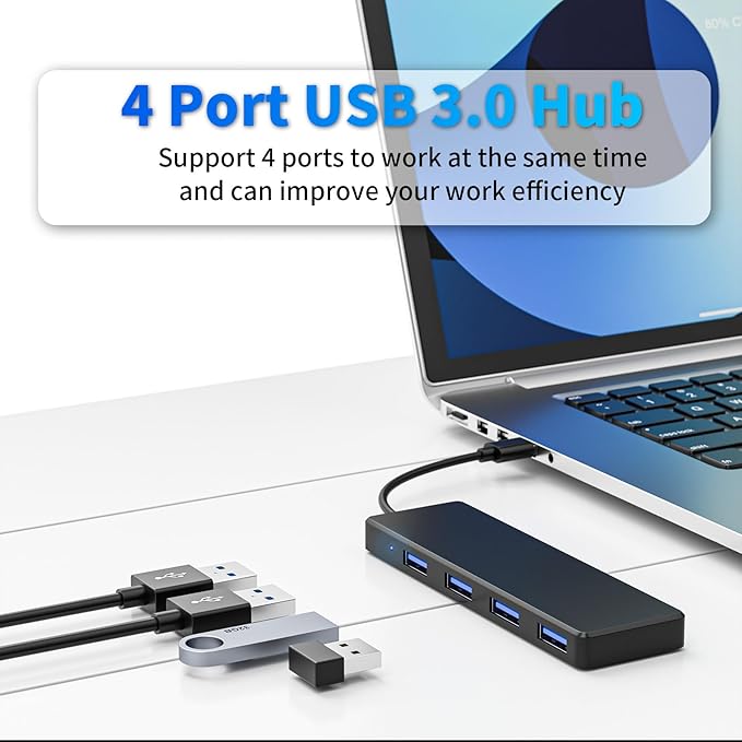 USB 3.0 Hub, 4 Ports USB A Splitter Ultra Slim Mini USB Expander, Multiple USB Hub for Laptop, PC, Xbox, Flash Drive, HDD, Console, Printer, Camera, Keyborad, Mouse and More, Black