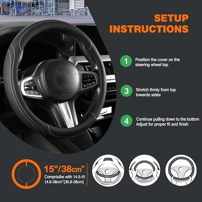 HZEL Car Steering Wheel Cover, 15 Inch Leather Comfortable Vehicle Steering Wheel Protector with Inner Rring, Anti-Slip Automotive Interior Accessories, Universal for SUV RV Truck (Black/White)