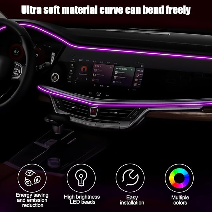 16FT EL Wire Interior Car LED Strip Lights, USB Neon Vehicle Ambient Lighting with Fiber Optic, Sound Music Active Automotive Inside Decorations Lamp Strip, Universal Fit