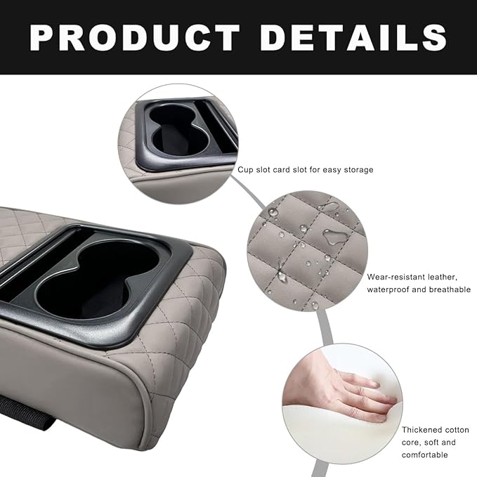 Car Center Console Armrest Pillow, 14"×8.3" Waterproof Leather Armrest Box Cover with Cup and Phone Holder, Soft Memory Foam Arm Rest Console Pad Protector for SUV Truck (Gray, Embroidery)