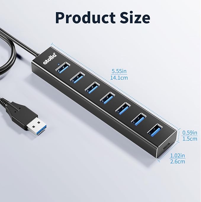 atolla Aluminum 7-Port USB 3.0 Hub with 1m Extension Cable - 5Gbps High-Speed Data Transfer for MacBook Pro, Laptop, PC, Gaming Setup