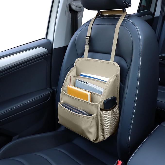 Viaviat Front Seat Organizer Car Upholstery Leather Passenger Seat Storage Bag Large Durable Car Organizer with Adjustable Strap Multiple Compartments Mesh Bags Cup Holders (beige)