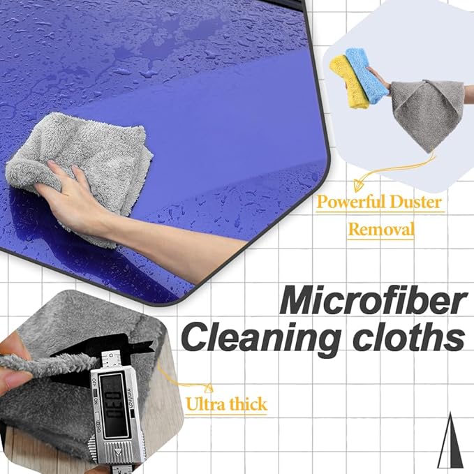 Car Wash Drying Towels, 450gsm Ultra-Thick Absorbent Lint-Free Extra Soft Microfiber Rags for Car Detailing, Interior & Exterior Cleaning Cloths, 16in x 16in - Coral Fleece, Blue+Yellow+Grey, 12 Packs