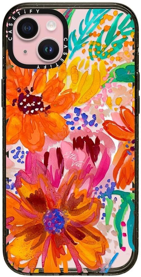 CASETiFY Impact iPhone 15 Plus Case [4X Military Grade Drop Tested / 8.2ft Drop Protection/Compatible with Magsafe] - EttaVee Watercolor Fleurs - Clear Black