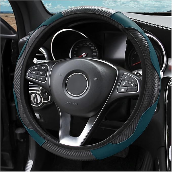 LoyaForba Steering Wheel Cover, Microfiber PU Leather Elastic Carbon Fiber Auto Protector, Universal 15 Inch Breathable Anti-Slip, Interior Accessories for Most Cars (Dark Green)