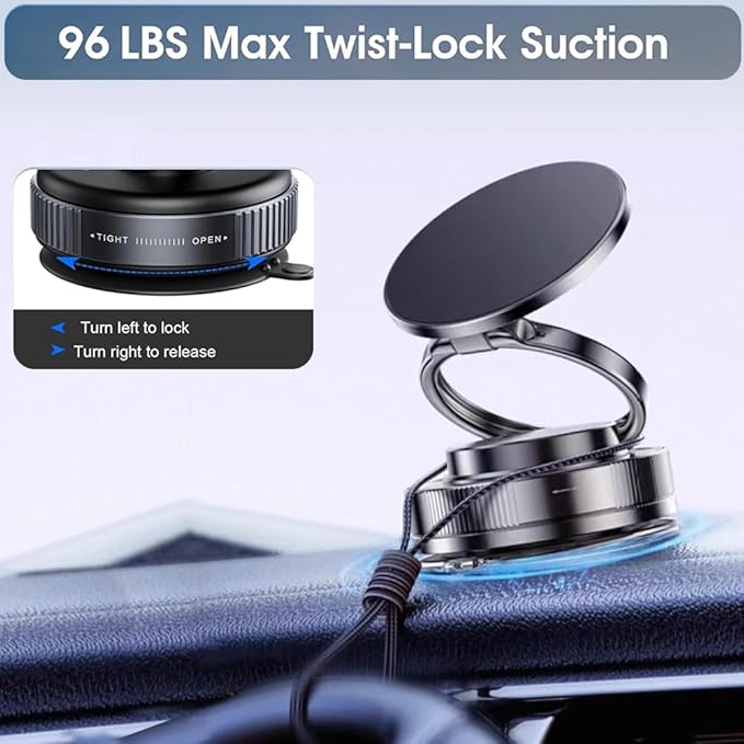 Car Phone Holder for Magsafe [96+LBS Strongest Suction & Magnetic] 360° Adjustable Car Phone Mount, Phone Mount for MagSafe Cell Phone Holders for Your Car,Mount for iPhone & Android (Black)