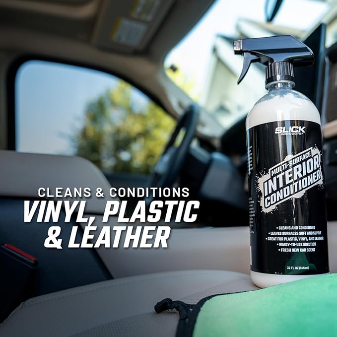 Slick Products Multi-Surface Interior Conditioner – Cleans & Conditions Vinyl, Plastic & Leather – Non-Greasy Car Interior Cleaner & Protectant – Fresh New Car Scent – 16 oz.