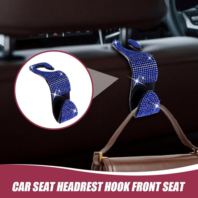 2 Pack Car Seat Headrest Hook, Bling Car Hooks Front Seat, Back Seat Organizer Hanger Storage Hook Car Purse Hook for Bags, Clothes, Coats, Grocery Bags (Blue)