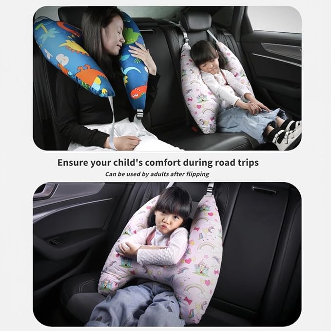 Travel Pillow Car Cushion for Kids 6 Years Old+ Shoulder Neck Back Support & Seat Belt Comfort, Road Trip Cozy Sleeping Gift for Young Travelers, Parents, Families, Baby Shower (Dinosaur Blue)