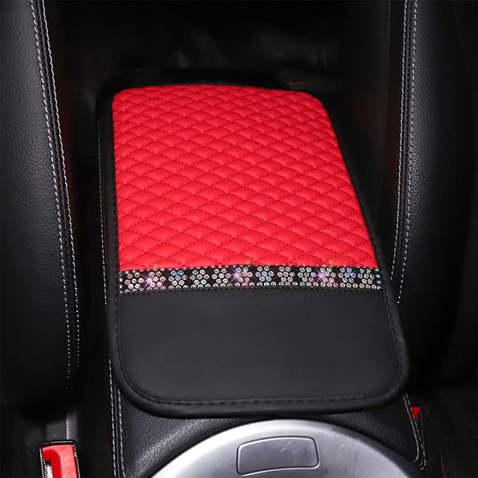 Bling Leather Car Center Console Cover, Car Center Console Protector With Glossy Crystal Rhinestone, Universal Waterproof Car Armrest Seat Box Cover For Most Car, Vehicles, SUVs, Trucks (Red)