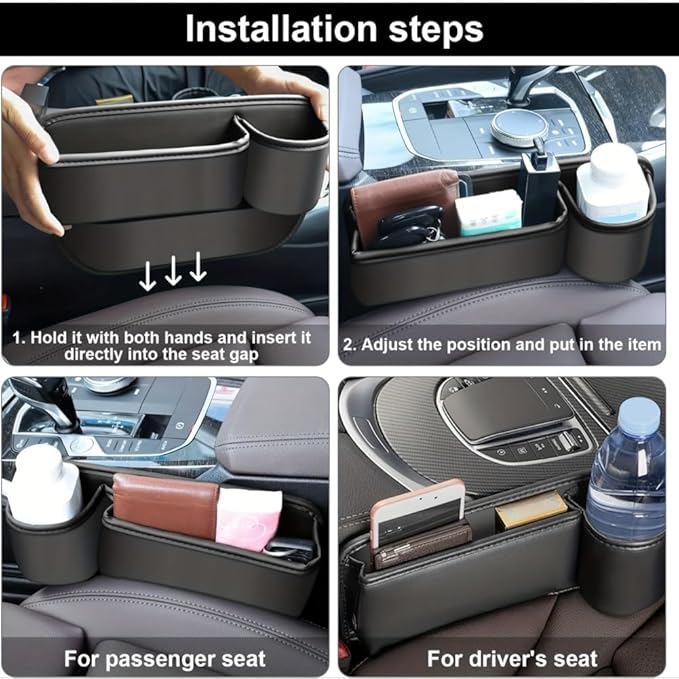 Car Seat Gap Filler Organizer with Cup Holders, Seat Gap Storage Box for Drinks, Phones, Keys, Sunglasses, Cards, and Small Essentials (Beige, Driver's + Passenger Seat)