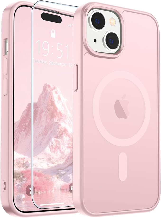 SUPFINE Magnetic for iPhone 15 Case with Screen Protector (Compatible with MagSafe) (Military Grade Drop Protection) Translucent Matte Shockproof Phone Cover,Light Pink