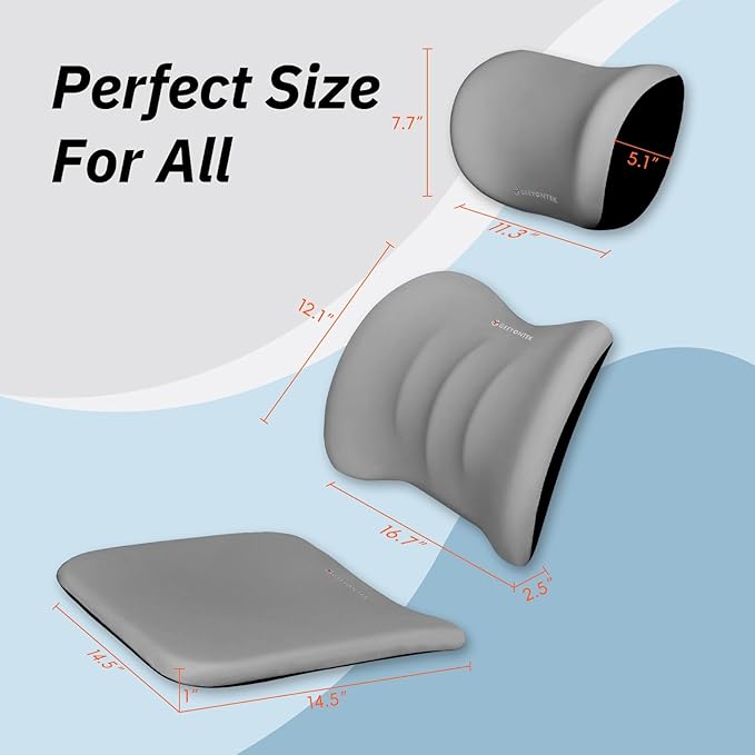Car Seat Cushion with Neck Pillow & Lumbar Support Back Sciatica Tailbone Pain Relief Car Pillows Ergonomic Memory Foam Back Support for Driving Seat Office Chair Wheelchair 3 Pcs Grey