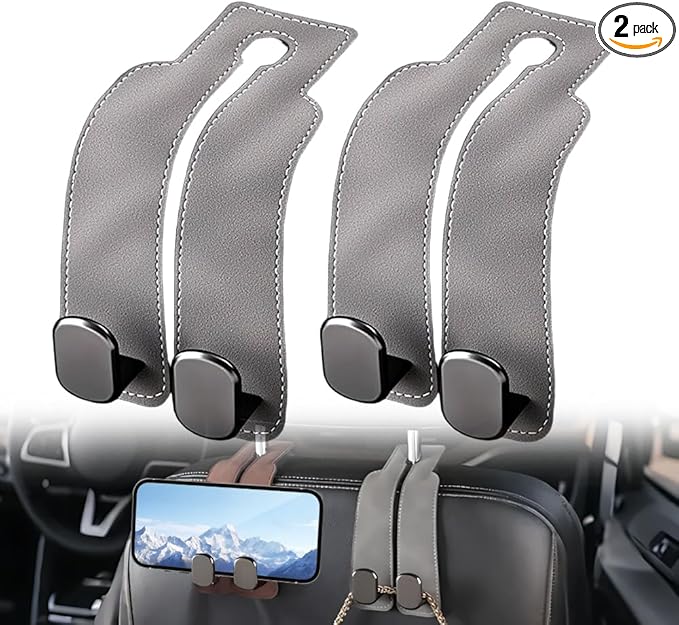 Car Seat Back Storage Hook, 2026 New Two Hook Fur Leather Seat Back Headrest Hanger Genuine Leather Double Metal Hook for Backseat Organizer, Car Organization Accessories (2, Gray)