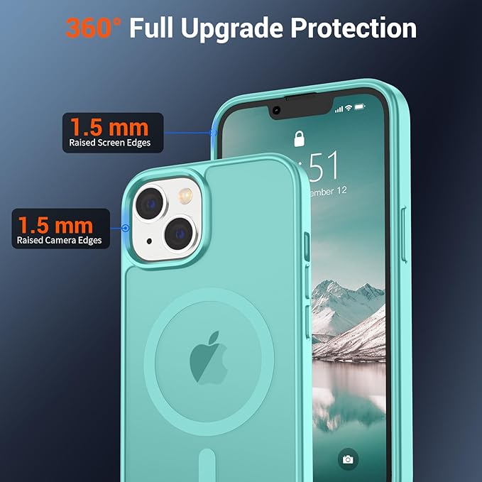 SUPFINE Magnetic for iPhone 14 Case & iPhone 13 Case (Compatible with MagSafe)(Military Grade Drop Protection) Slim Translucent Matte Shockproof Phone Cover,Blue Green